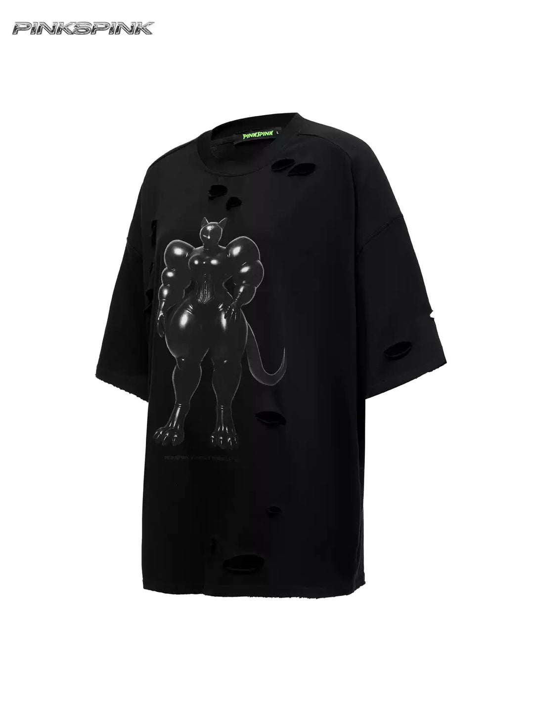 PINKSPINK FUTURE CAT distressed oversized tee in black — front garment-only view