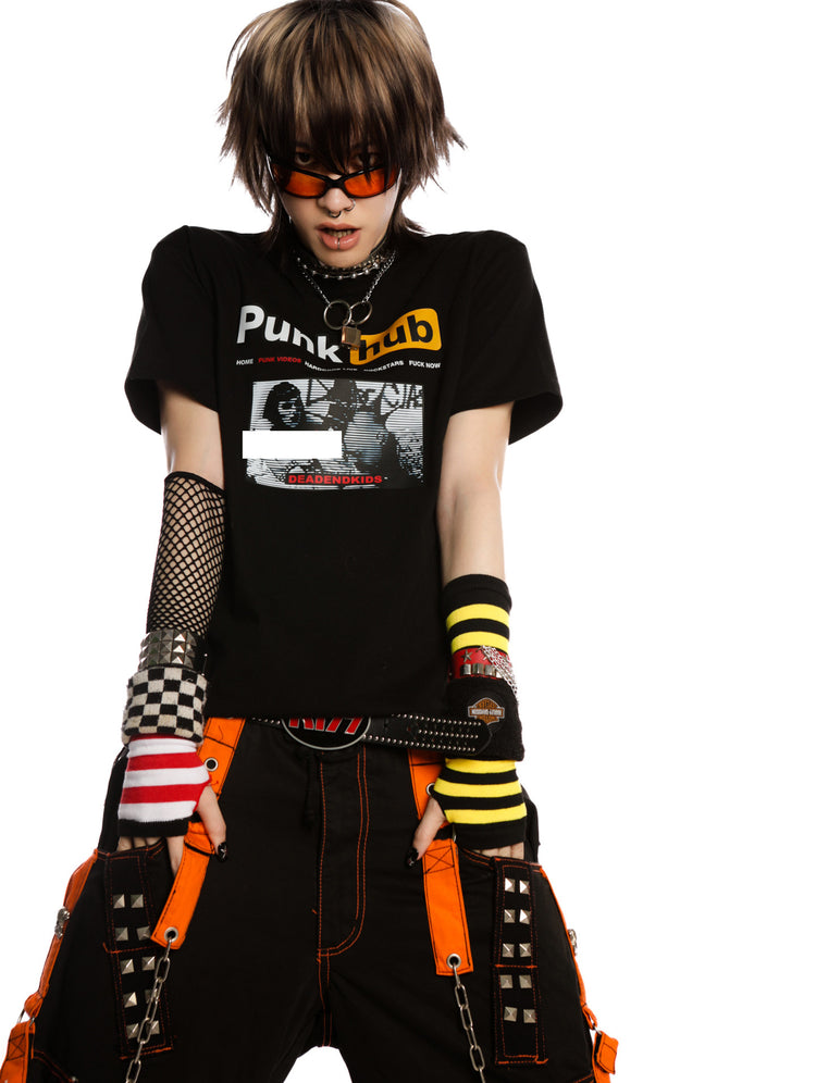 DeadEndKids PunkHub black graphic T-shirt — leaning front view