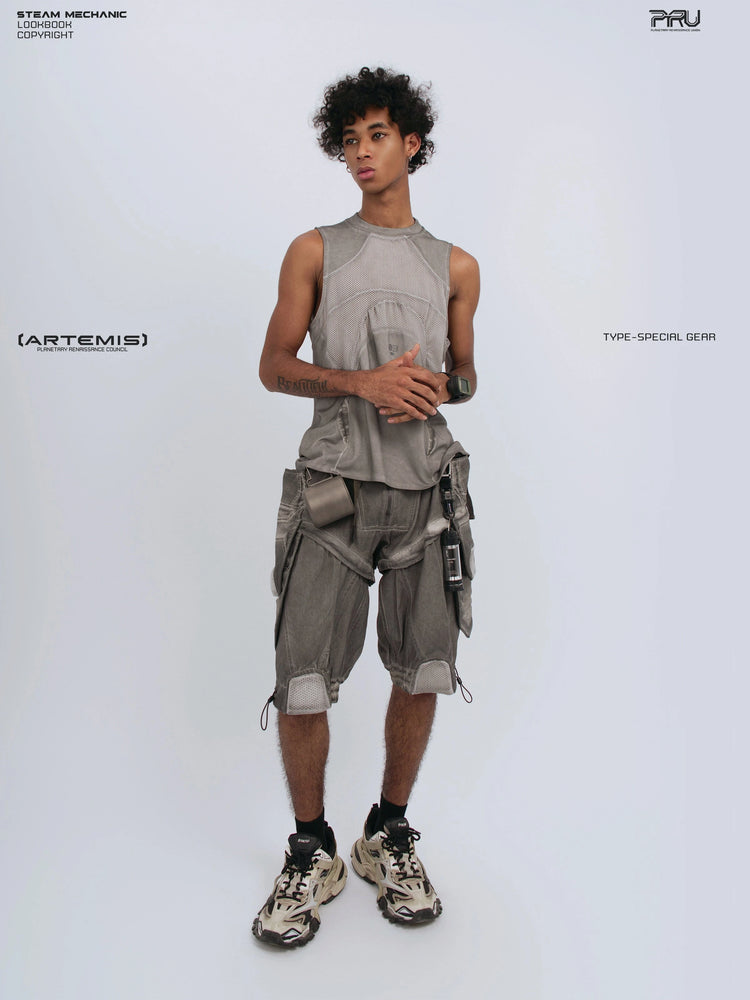 AEGIS lunar sea gray distressed mesh tank — full-length front modeled view with clasped hands