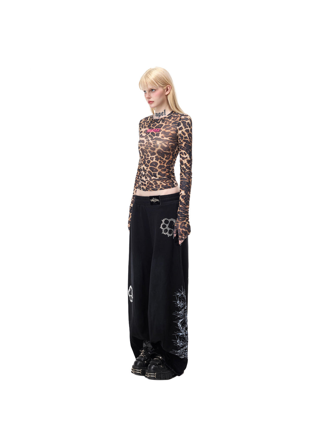 PINKSPINK VENOM rhinestone leopard mesh tee in brown leopard — full-length side pose showing fitted long sleeves