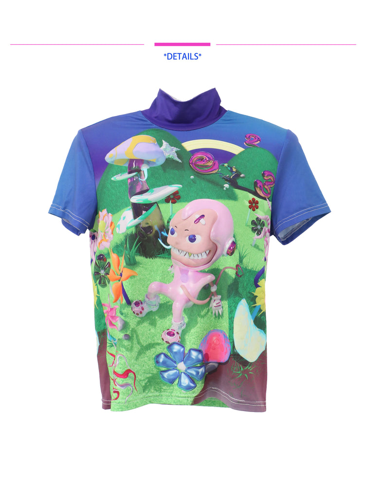 EMBRYO E23 LITTLE ONE printed mock-neck tee — fabric and graphic detail
