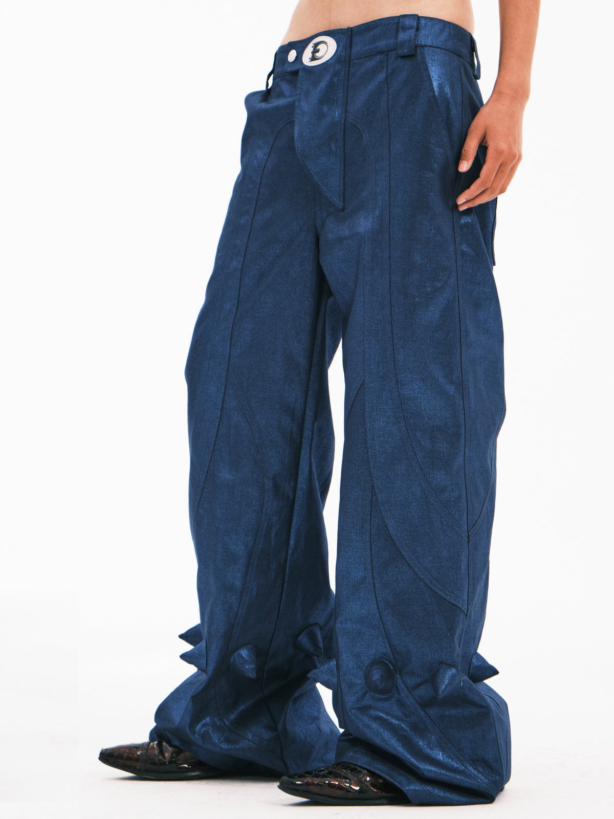EMBRYO BLUE SPIKE metallic flare pants — front modeled view