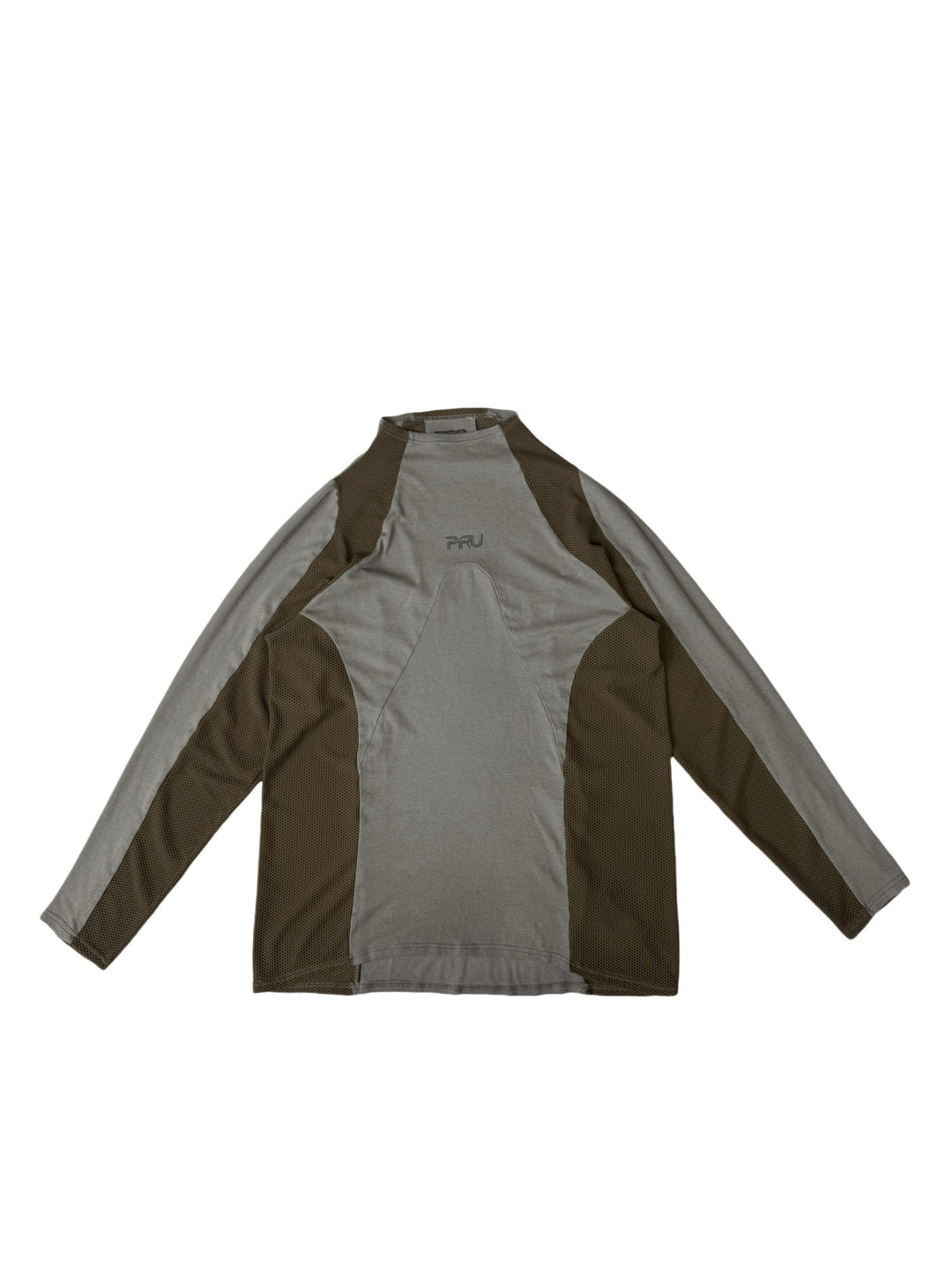 STARCORE ash tundra mesh-panel long-sleeve top b — garment-only view showing gray body with olive-brown mesh raglan and side panels