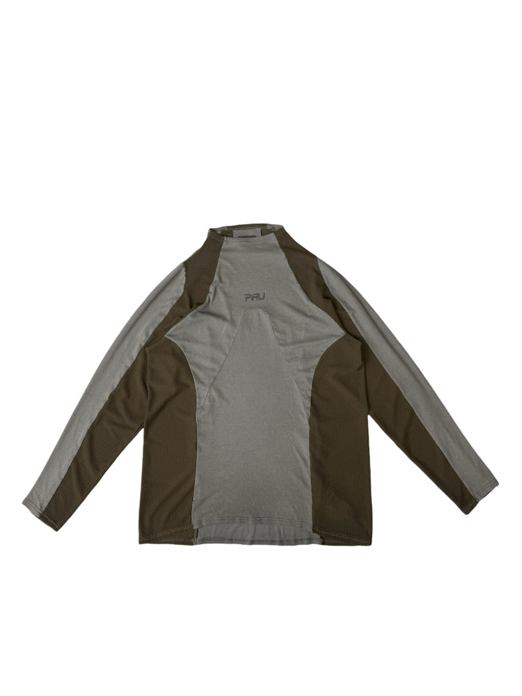 STARCORE ash tundra mesh-panel long-sleeve top b — garment-only view showing gray body with olive-brown mesh raglan and side panels