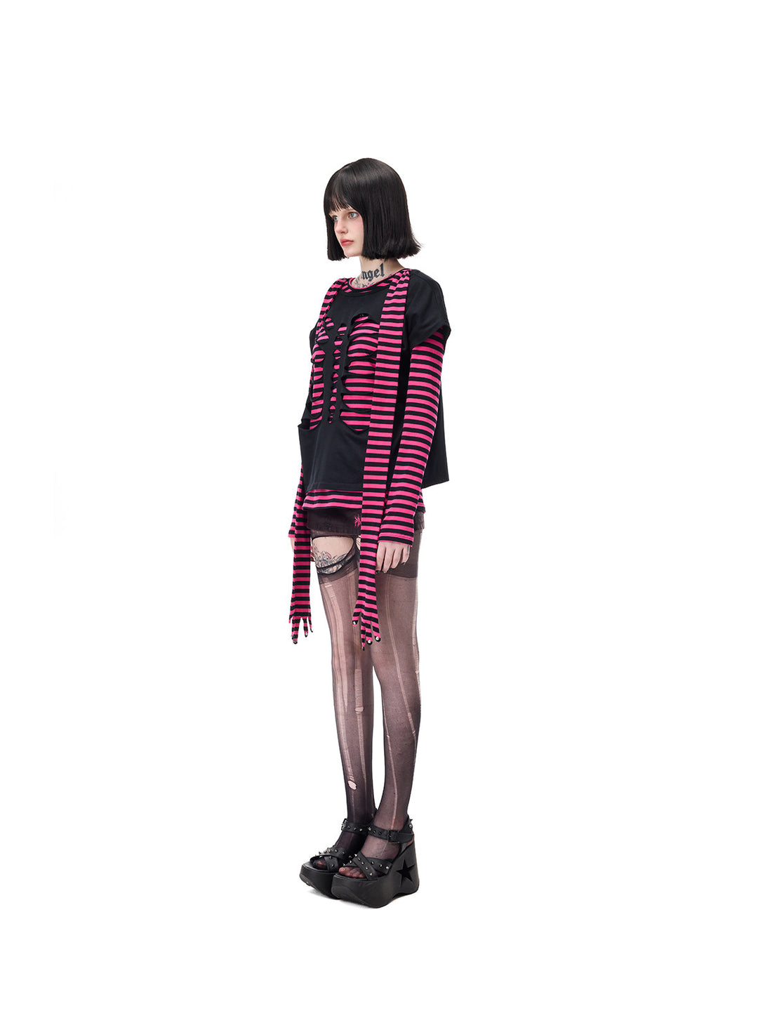 PINKSPINK GHOSTHAND striped glove-sleeve tee in pink and black — full-length side outfit view beneath a separate black cutout tee