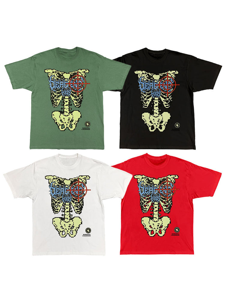 DEADENDKIDS SKELETON RIOT oversized graphic tee — alternate modeled angle