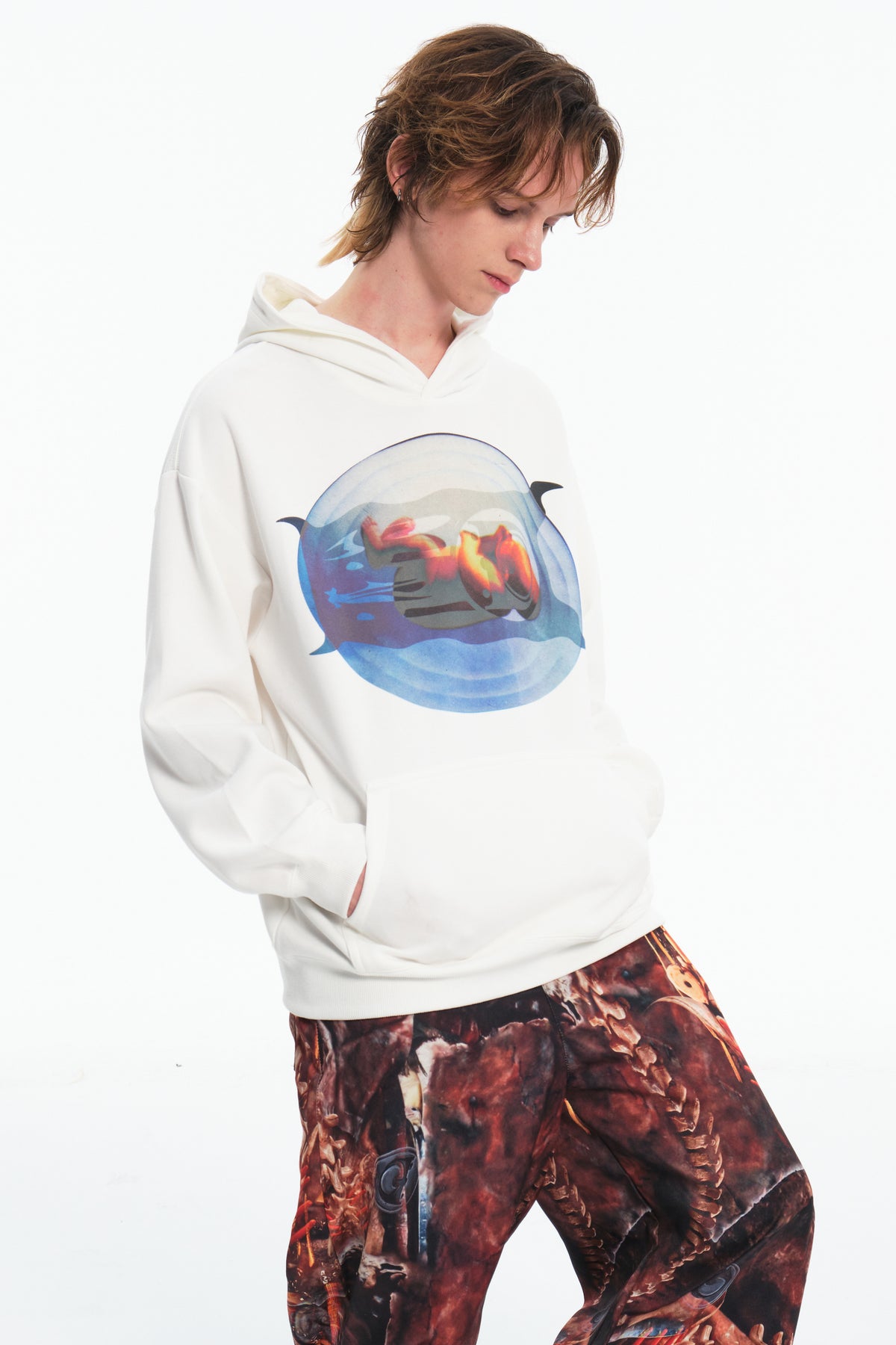 EMBRYO PLAN white graphic hoodie — additional styled view