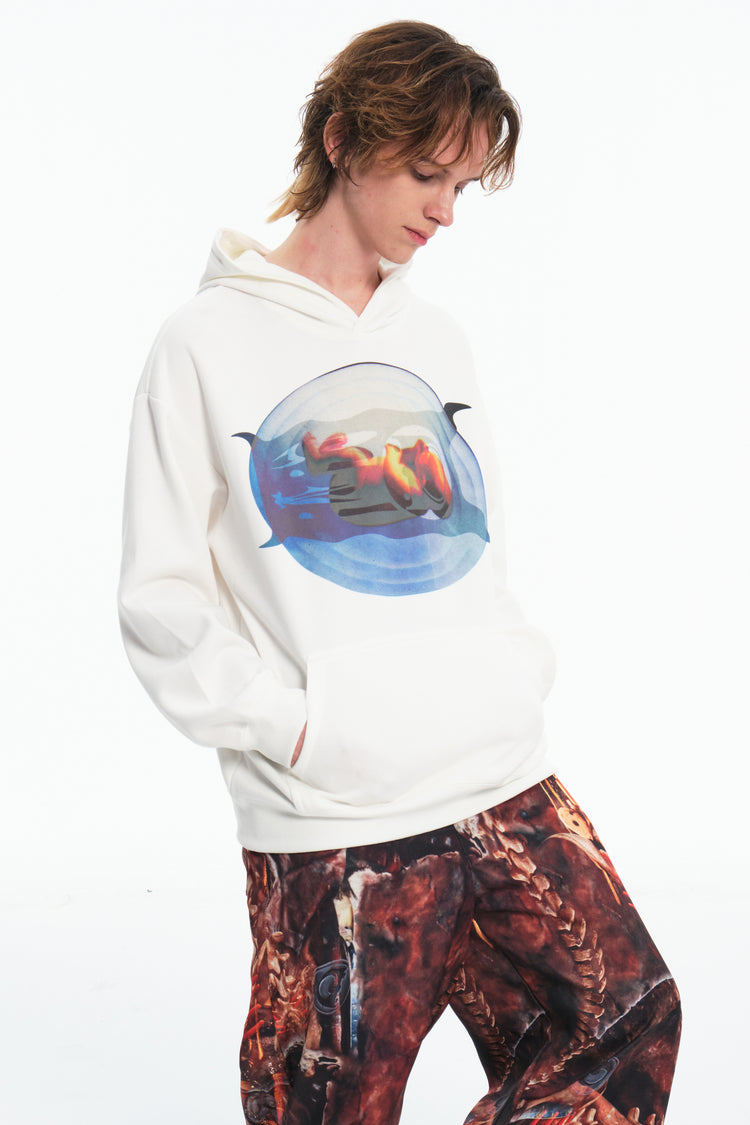 EMBRYO PLAN white graphic hoodie — additional styled view