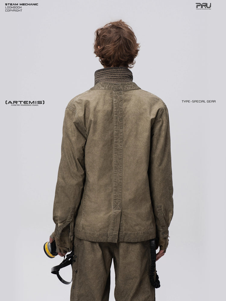 GAIA gravel brown open-collar technical robe — back modeled view showing the center vent