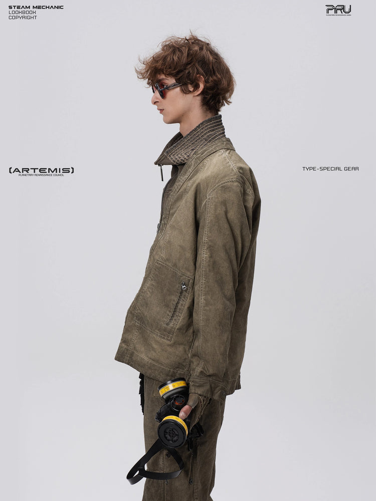 GAIA gravel brown open-collar technical robe — side profile modeled view facing left