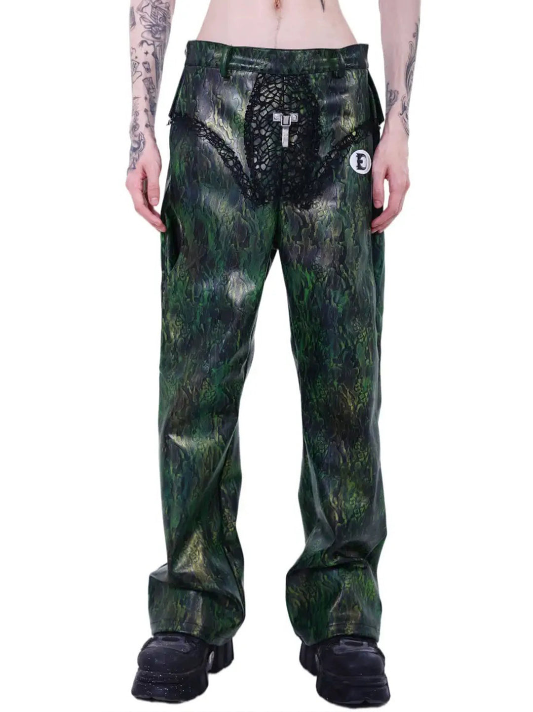 EMBRYO TRIANGLE ARMOR lace-inset leather pants — front product presentation