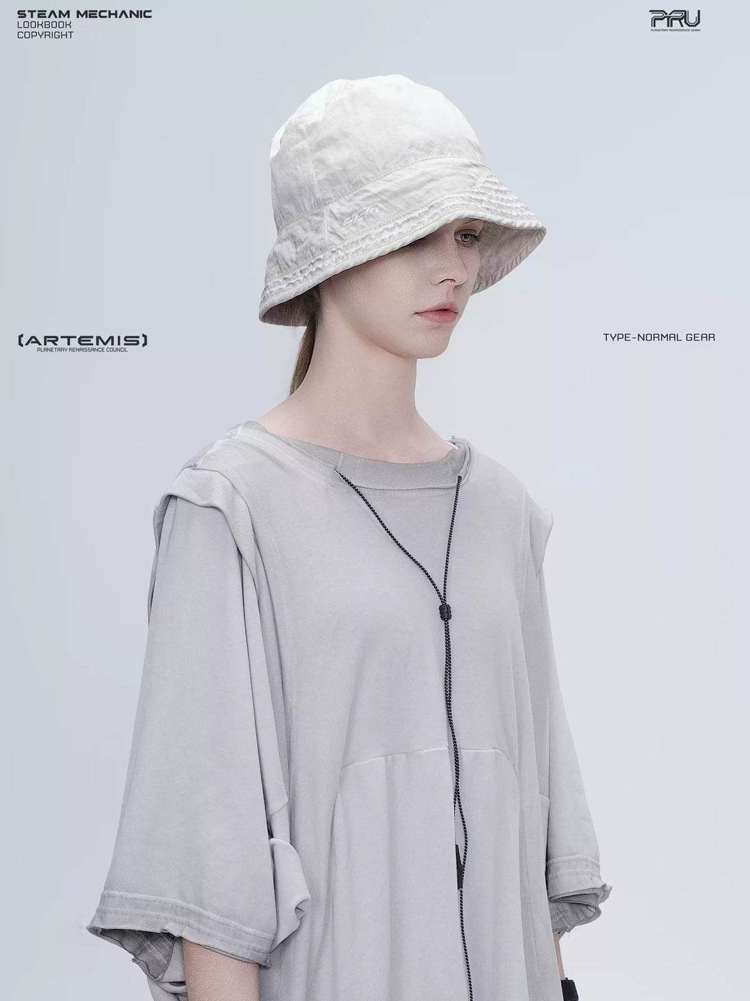 PIONEER eris white distressed nylon bucket hat — right-facing close-up showing the brim logo