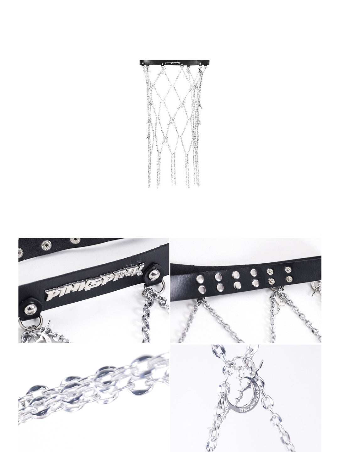 PINKSPINK ELECTRIC MOON diamond-chain belt skirt in black and silver — accessory and detail collage showing logo hardware, snap fastening, chains and moon pendant