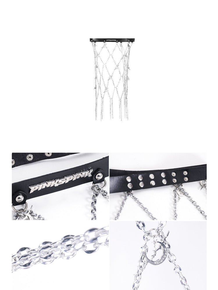 PINKSPINK ELECTRIC MOON diamond-chain belt skirt in black and silver — accessory and detail collage showing logo hardware, snap fastening, chains and moon pendant