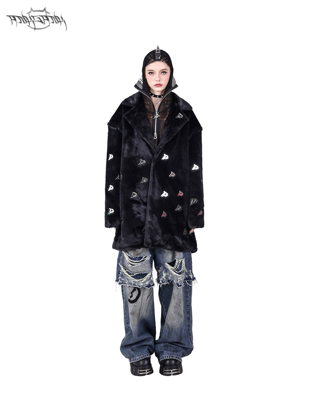 PINKSPINK ELECTRIC MOON spiked open-mesh zip hoodie in black — front styling view under a separate faux-fur jacket