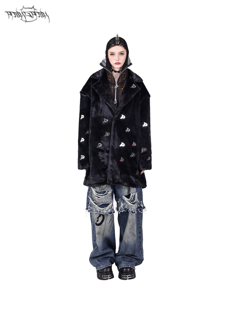 PINKSPINK ELECTRIC MOON spiked open-mesh zip hoodie in black — front styling view under a separate faux-fur jacket