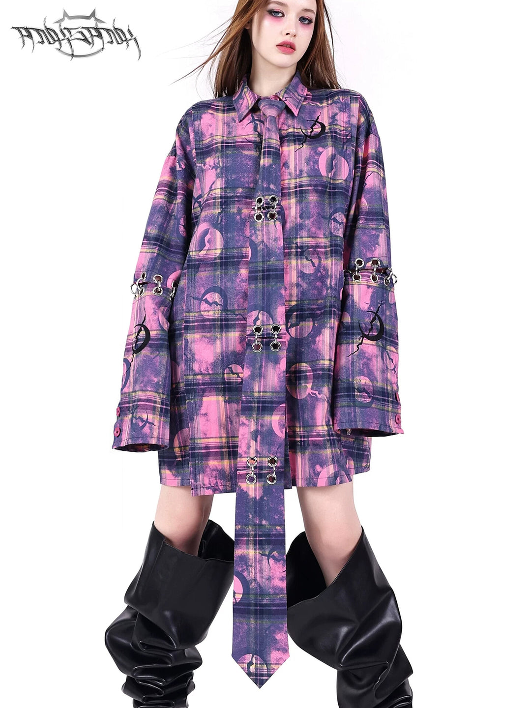 PINKSPINK ELECTRIC MOON wasteland plaid extra-long tie — cleaned hero collage showing the complete design