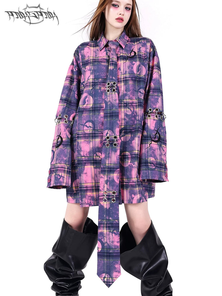 PINKSPINK ELECTRIC MOON wasteland plaid extra-long tie — cleaned hero collage showing the complete design