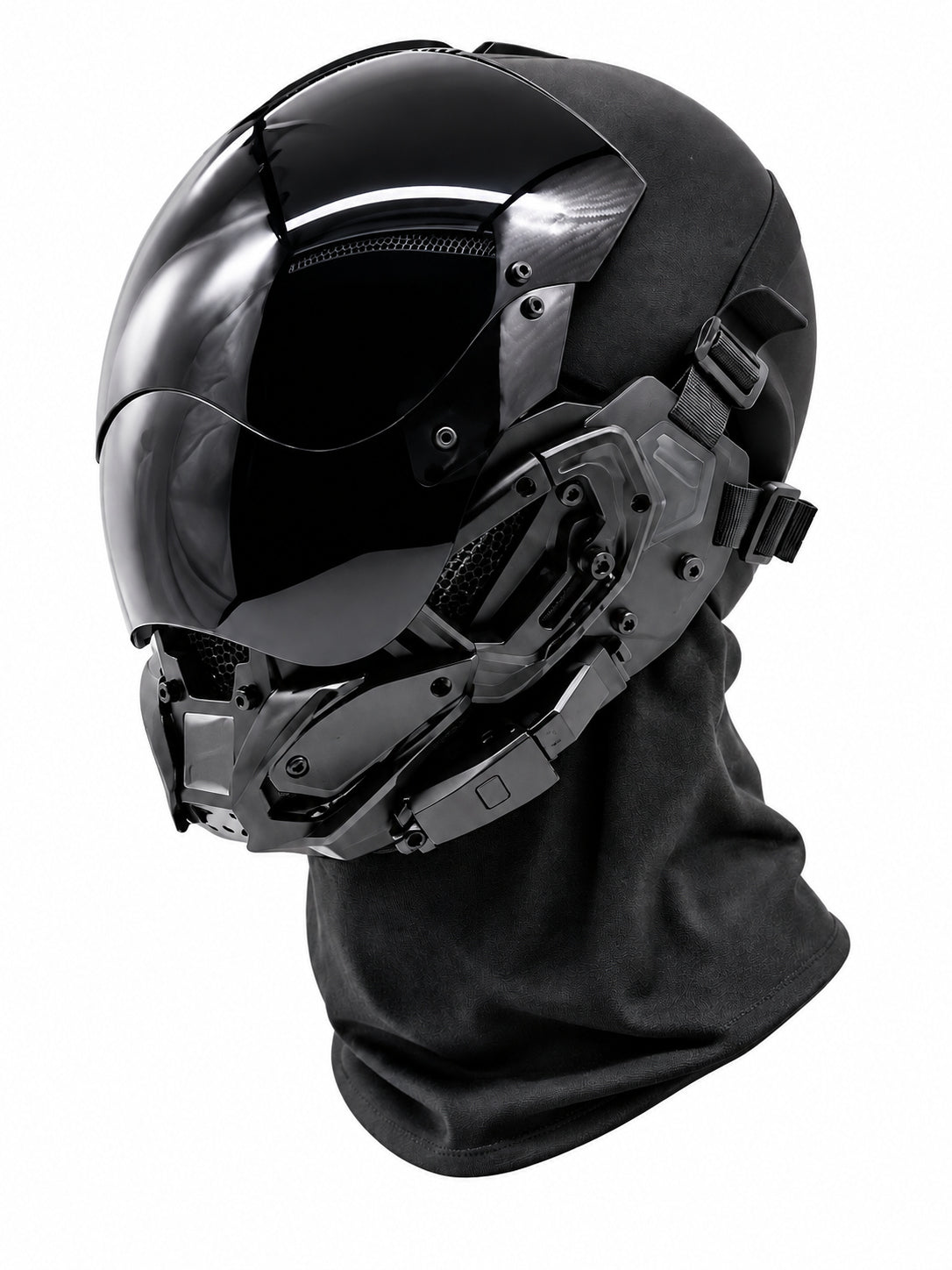 FOCKSHOP VOID illuminated tactical mask in black, non-lit version — three-quarter view with original black fabric neck