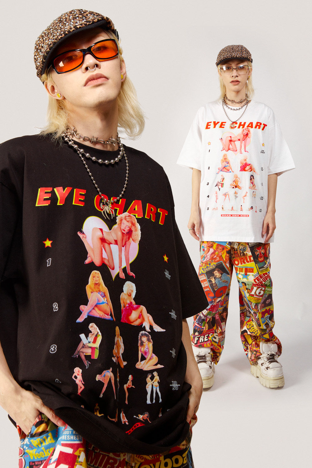 DEADENDKIDS EYE CHART oversized graphic tee — full-length modeled view