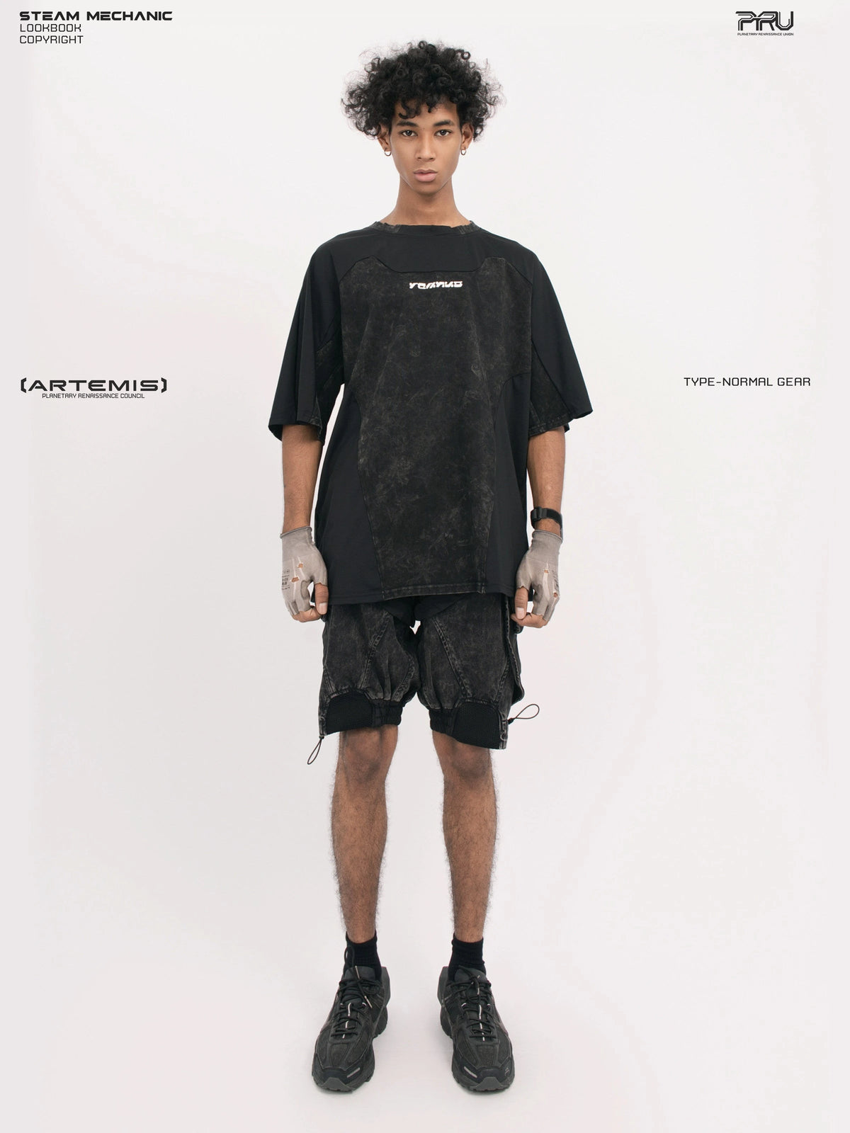 STARCORE black tortoise velcro mesh tee — full-length front modeled view with arms down