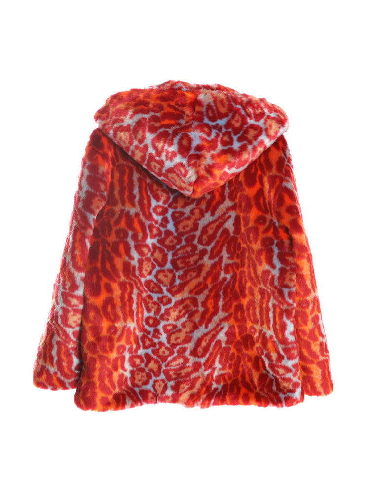 DeadEndKids leopard-print faux-fur hooded jacket in orange blue — back garment-only view showing the hood
