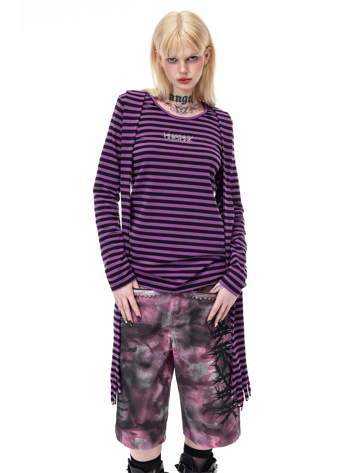 PINKSPINK GHOSTHAND striped glove-sleeve tee in purple and black — close front modeled view of the embroidered chest logo and draped hand-shaped panels