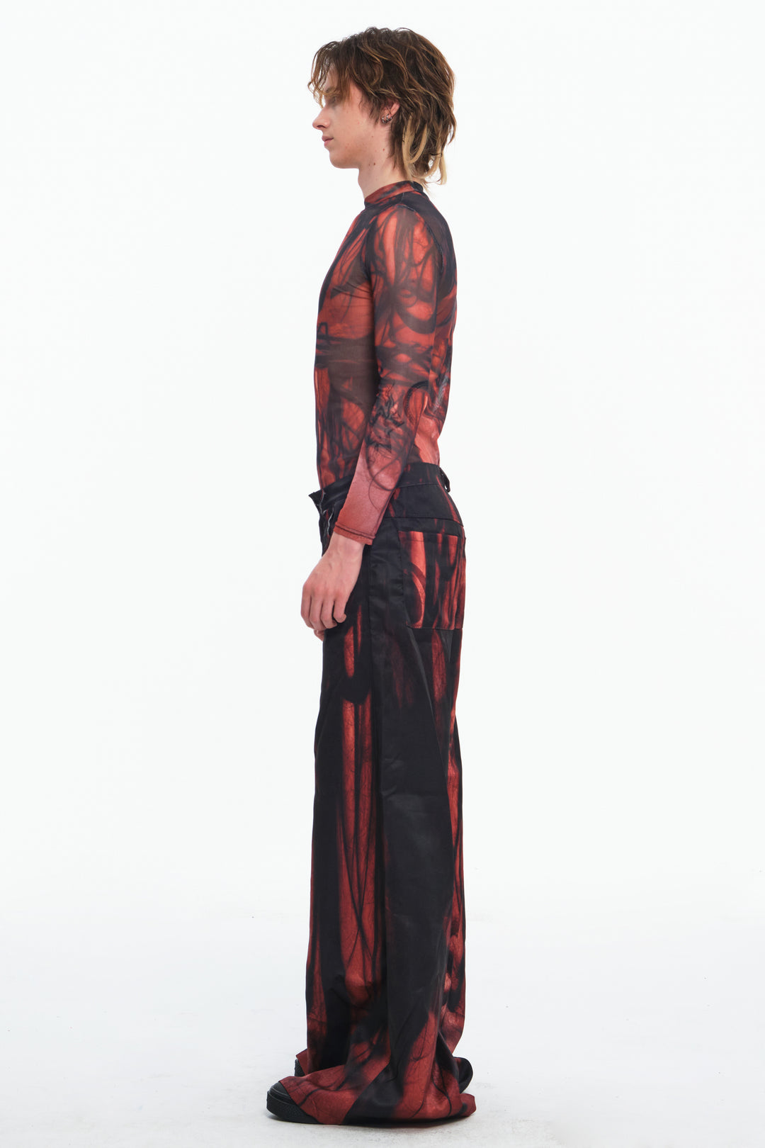 EMBRYO NERVE BLOOM printed flare pants — alternate modeled angle