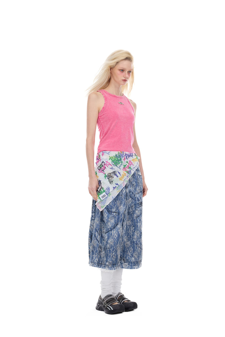 PINKSPINK ELECTRIC MOON lace-coated wide-leg denim shorts in blue — full-length side-angled modeled view with a pink top and white leggings