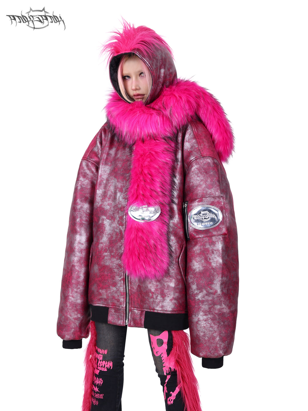 PINKSPINK COCKSCOMB mohawk padded jacket in PINK — three-quarter view of oversized silhouette.