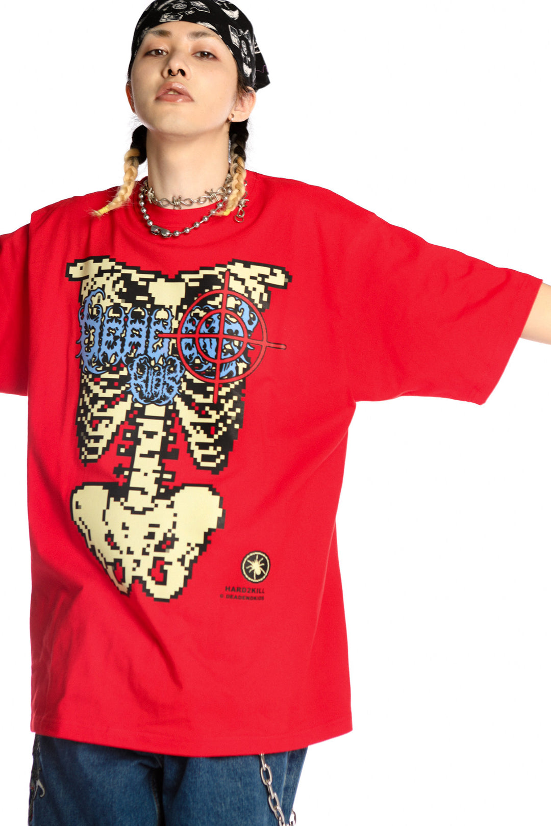 DEADENDKIDS SKELETON RIOT oversized graphic tee — rear modeled view