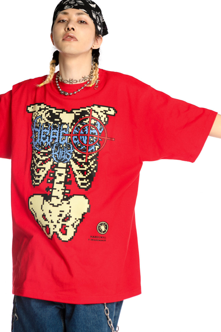 DEADENDKIDS SKELETON RIOT oversized graphic tee — rear modeled view