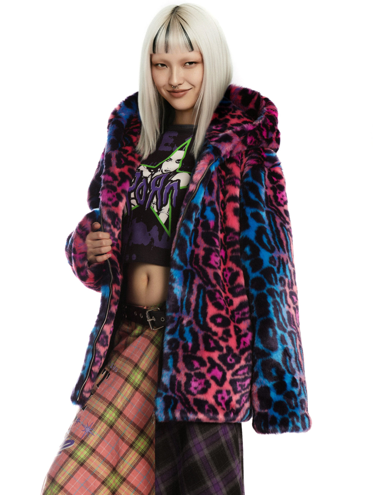 DeadEndKids leopard-print faux-fur hooded jacket in blue purple — front modeled view with blue-purple leopard pattern