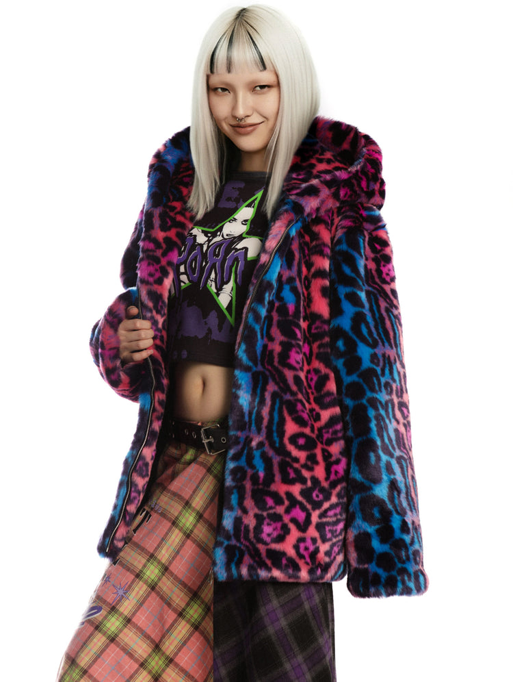 DeadEndKids leopard-print faux-fur hooded jacket in blue purple — front modeled view with blue-purple leopard pattern
