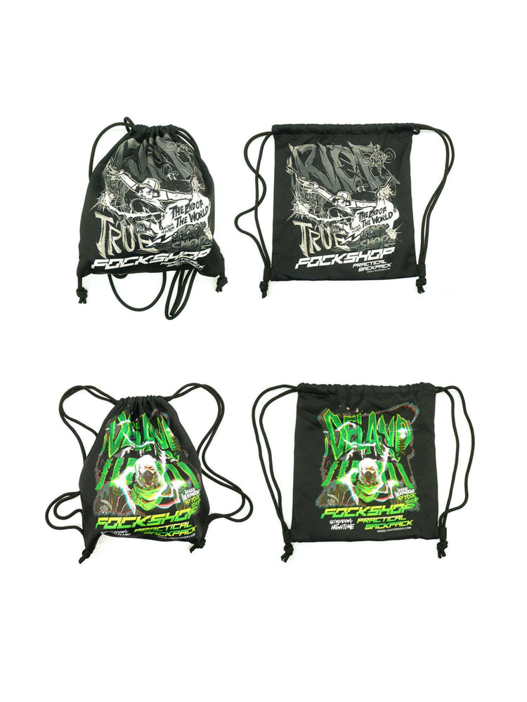 FOCKSHOP MASKPACK drawstring backpack — black-and-white and neon-green character designs, gathered and flat views