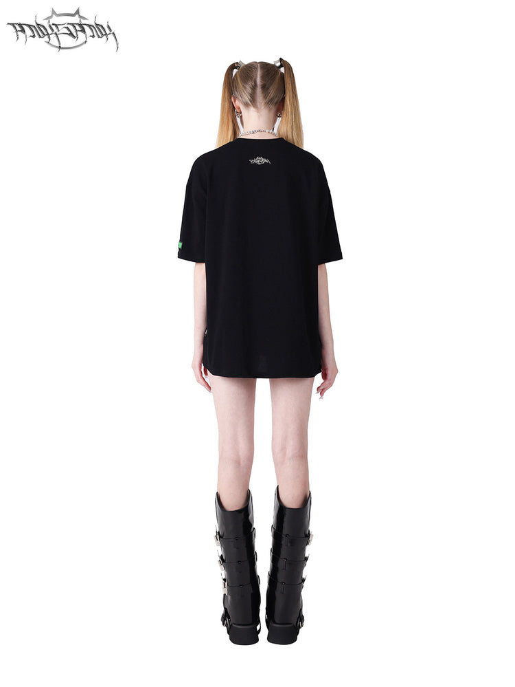 PINKSPINK GARFIELD oversized graphic tee — black back modeled view with the hem untucked
