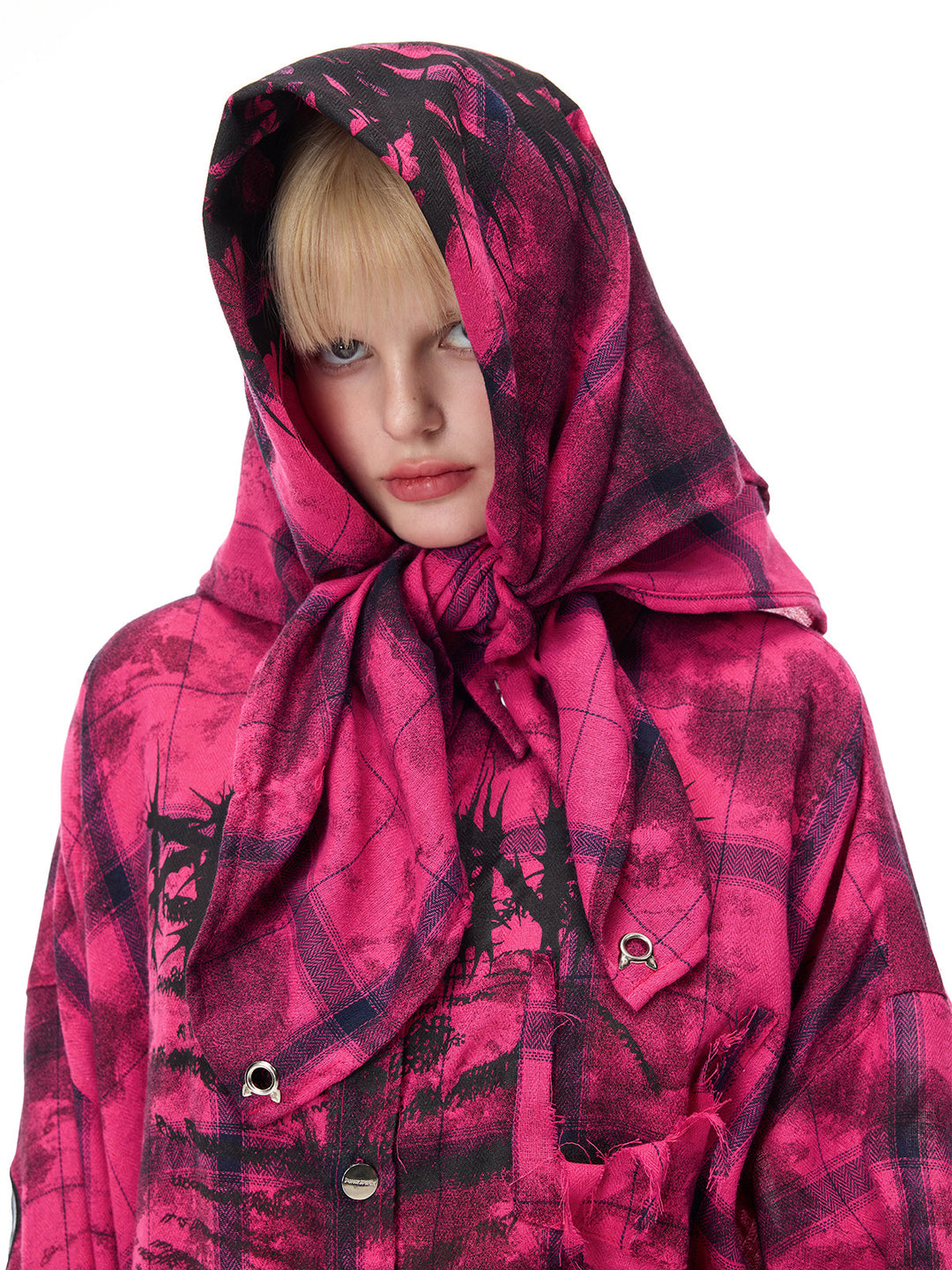 PINKSPINK THORN bandana bandeau top in pink and black — front headscarf portrait showing eyelet details