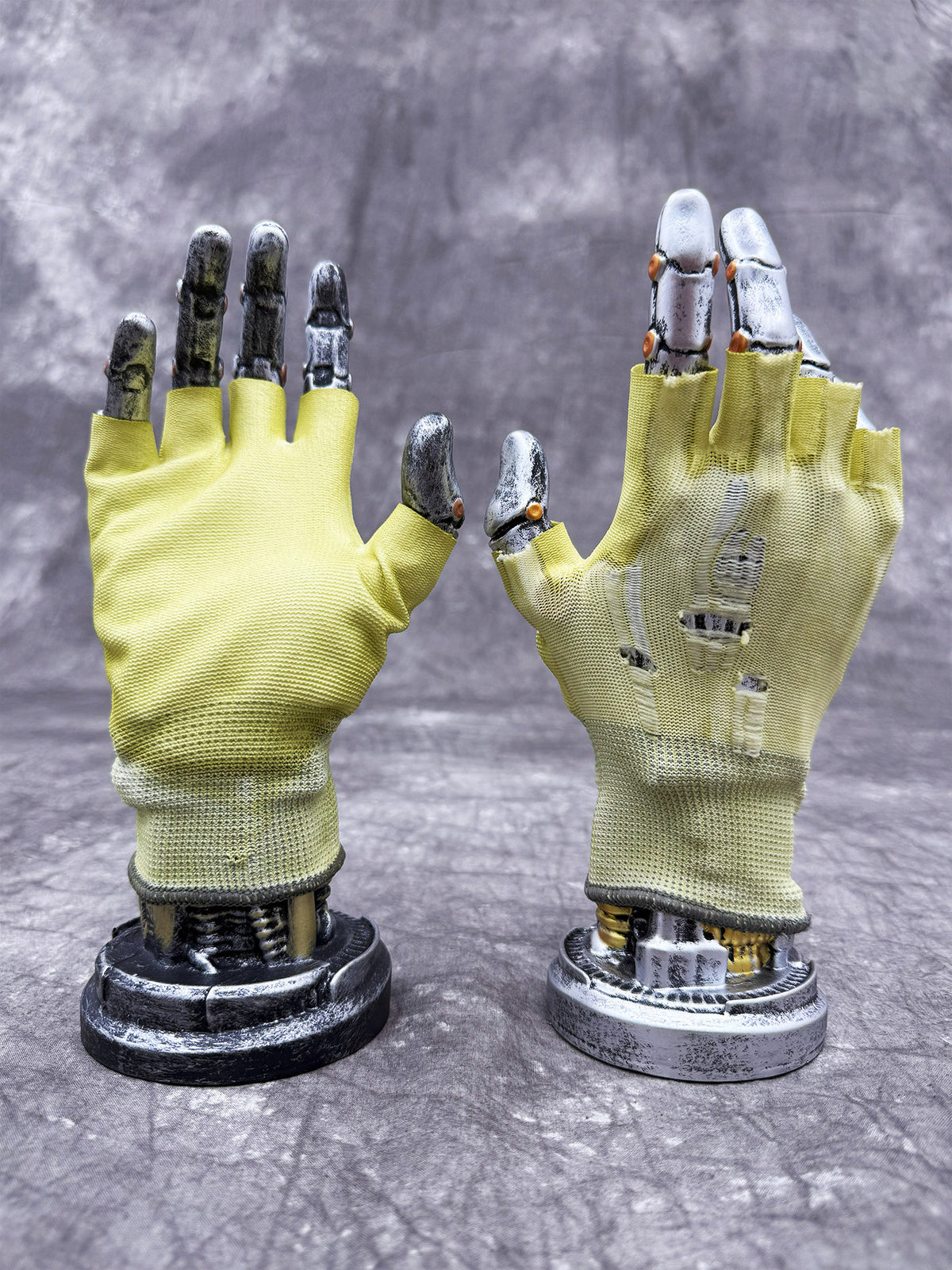 STEAM FUNCTION PRECISION CASTING distressed fingerless gloves in nebula green, PALM GLUE — coated palm and distressed back views on display hands