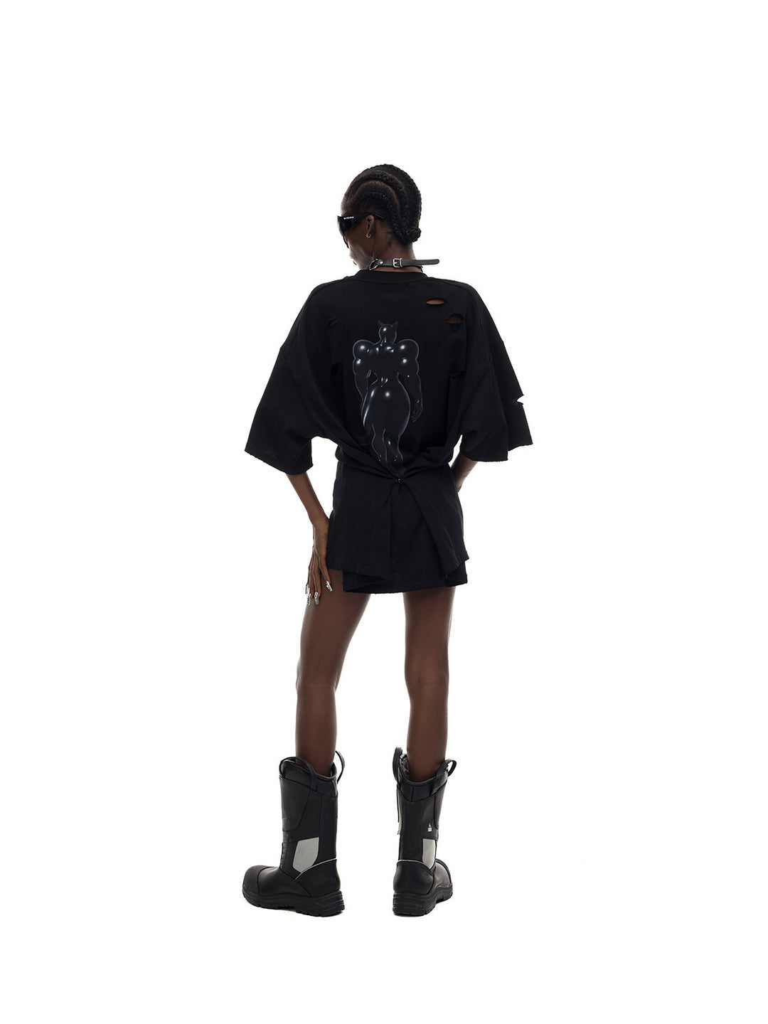 PINKSPINK FUTURE CAT distressed oversized tee in black — three-quarter rear modeled view with the waist cinched