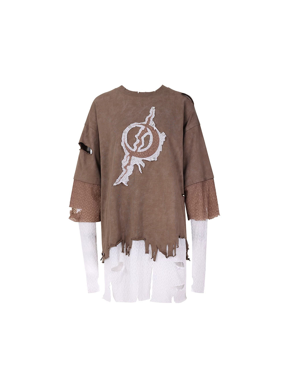 PINKSPINK ELECTRIC MOON triple-layer distressed mesh tee — brown layered mesh tee with distressed openings and extended pale lower layer, front product-only view