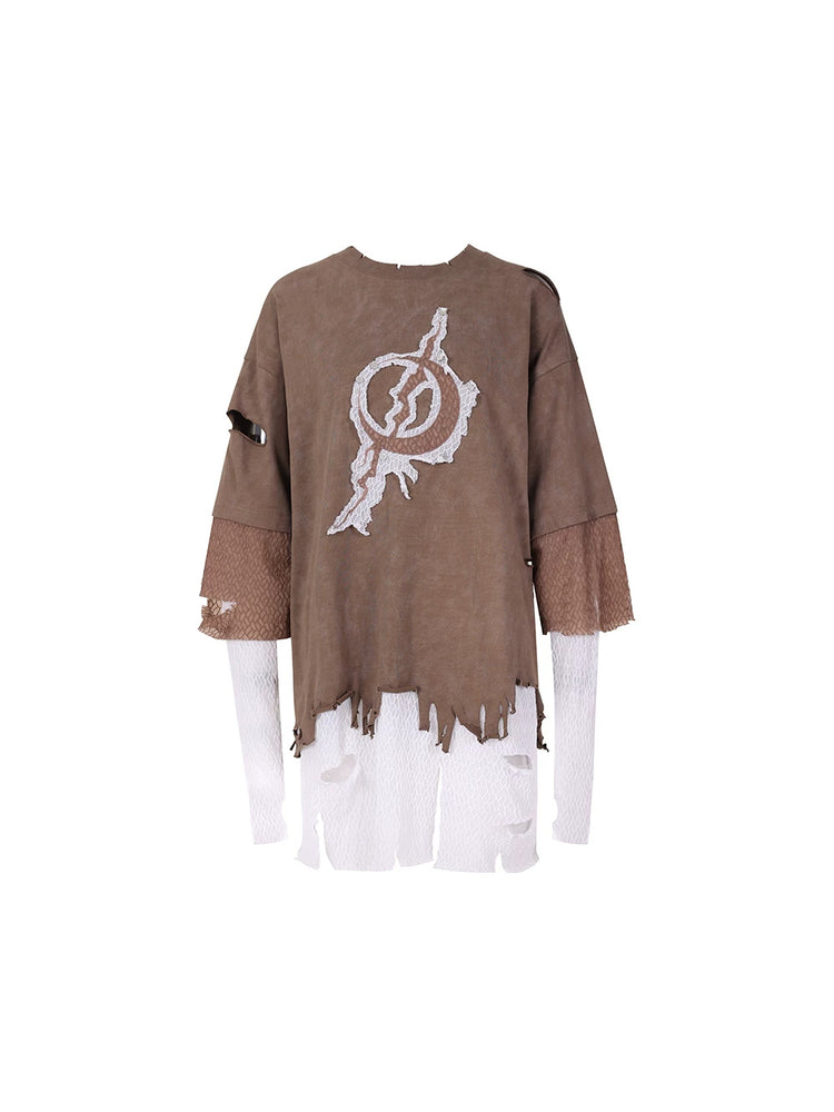 PINKSPINK ELECTRIC MOON triple-layer distressed mesh tee — brown layered mesh tee with distressed openings and extended pale lower layer, front product-only view