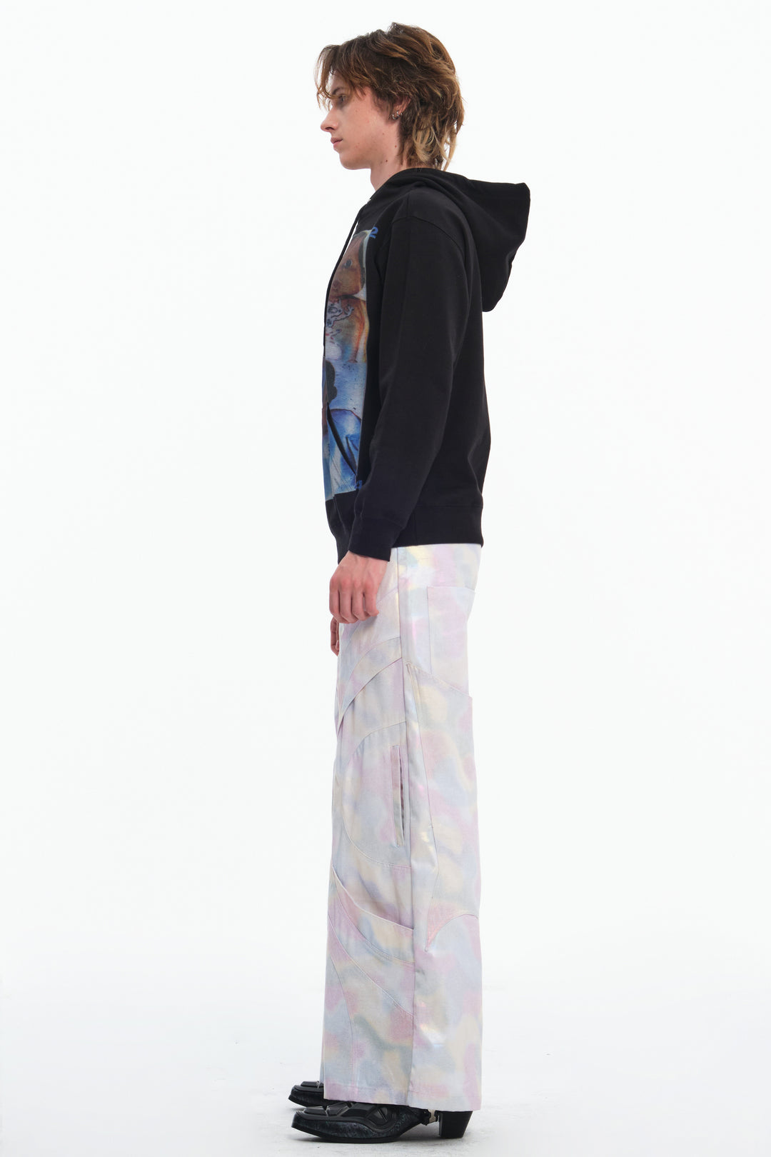 EMBRYO REFLECTIVE CAMO deconstructed wide-leg pants — fabric and graphic detail