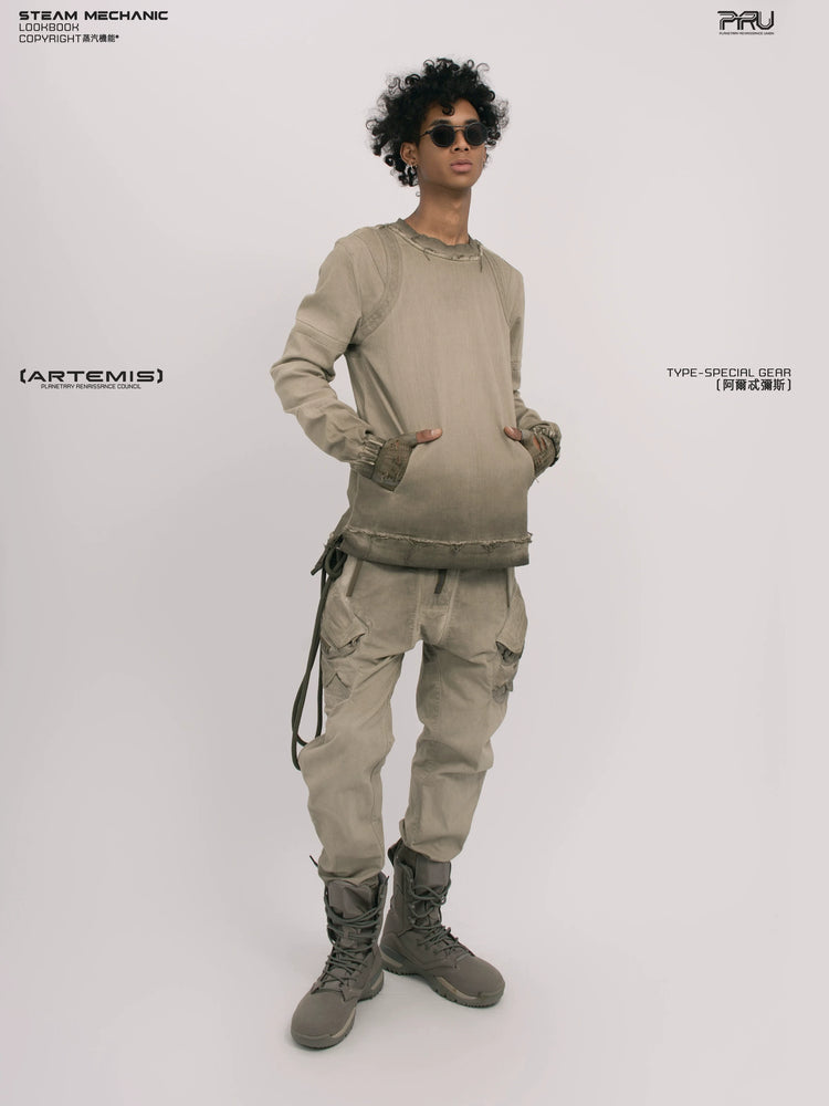 CHAOS ERA xirang brown raw-edge long-sleeve top — alternate modeled angle