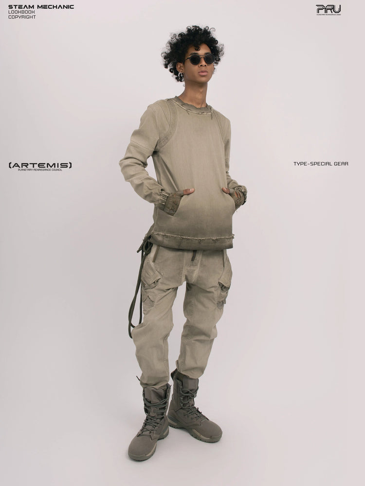 CHAOS ERA xirang brown raw-edge long-sleeve top — full-length three-quarter front view with hands in pockets