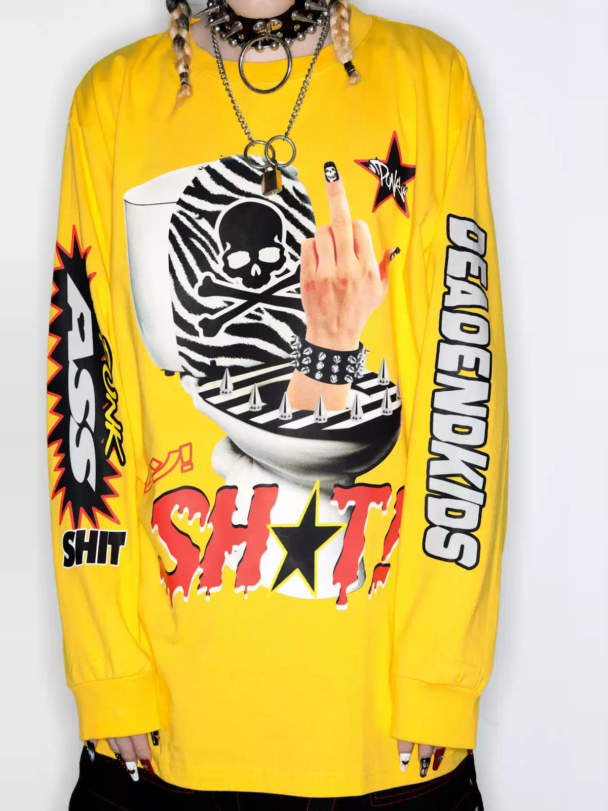 DEADENDKIDS MIDDLE FINGER oversized long-sleeve tee — side or detail presentation
