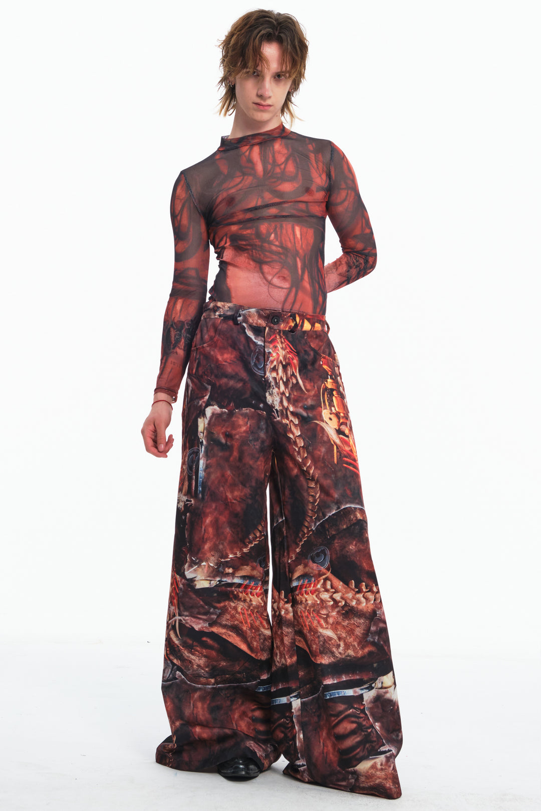 EMBRYO BONE RELIC printed wide-leg pants — rear modeled view