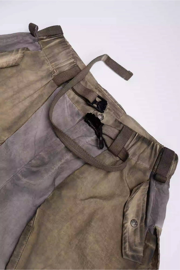 STARCORE mercury brown engineer utility pants — adjustable webbing waist and magnetic buckle close-up