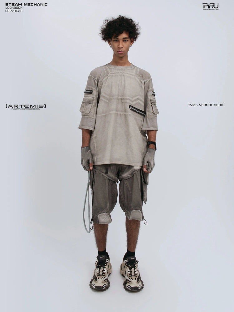 STARCORE xirang brown velcro mesh tee — full-length front modeled view with relaxed stance