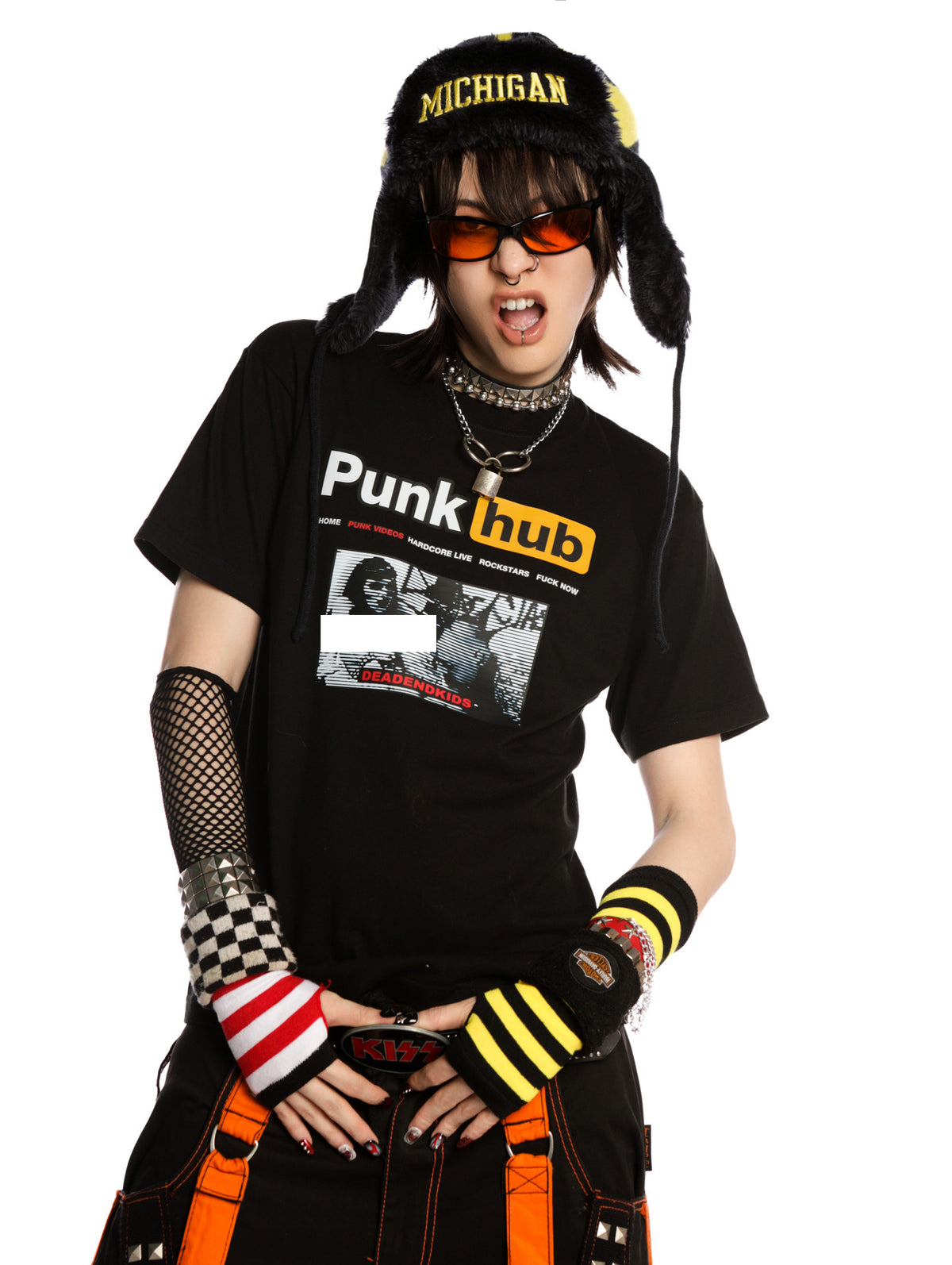 DeadEndKids PunkHub black graphic T-shirt — expressive modeled front view