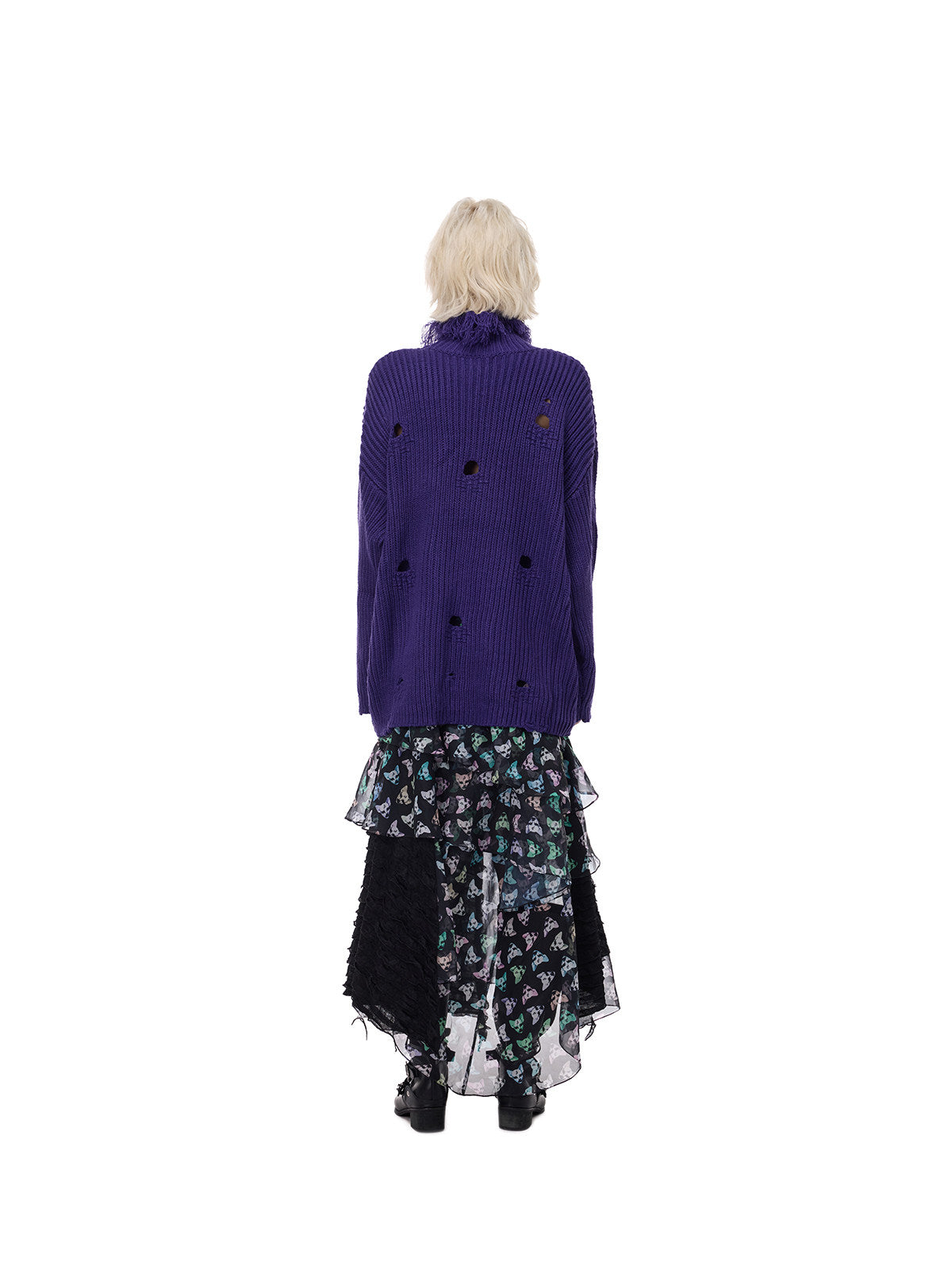 PINKSPINK ELECTRIC MOON distressed high-neck sweater — purple back full-length view